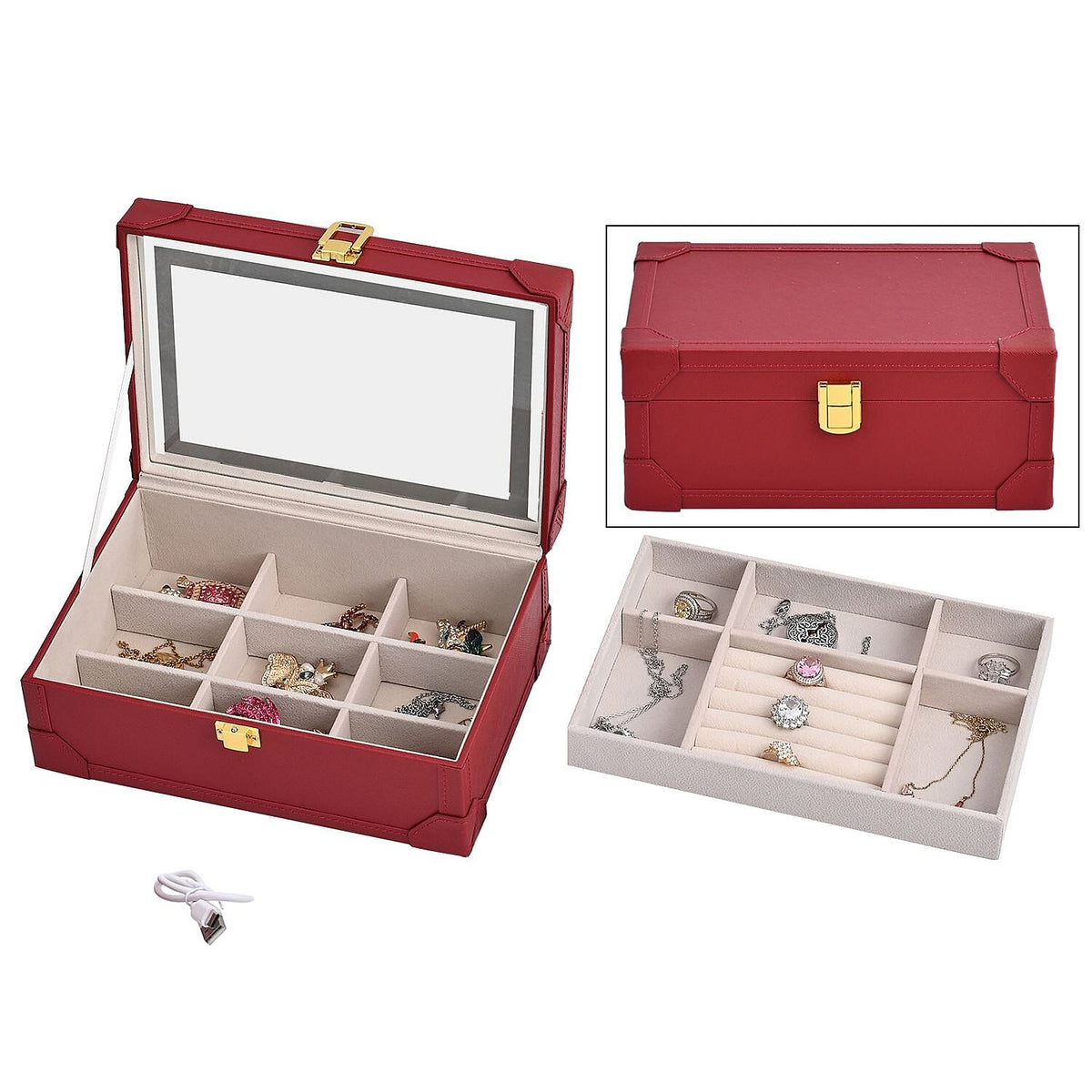 LED Light Mirror Jewellery, Watch or Beauty Vanity Box (Size 24x16x10 cm) - Burgundy 7616033 0