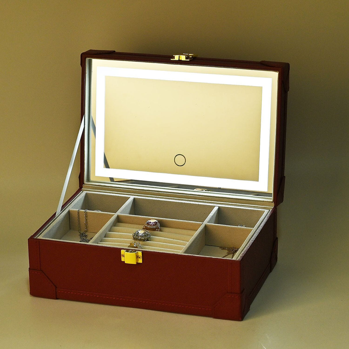 LED Light Mirror Jewellery, Watch or Beauty Vanity Box (Size 24x16x10 cm) - Burgundy 7616033 1