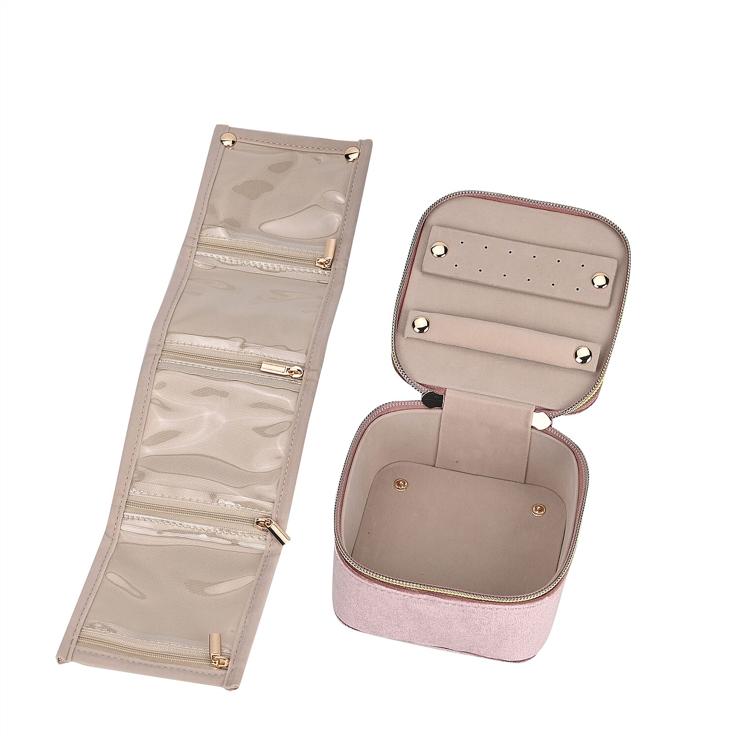 Velvet Jewellery Organiser with 4 Zipper Pockets (Size 12x12x7 cm) - Pink 7863462 5