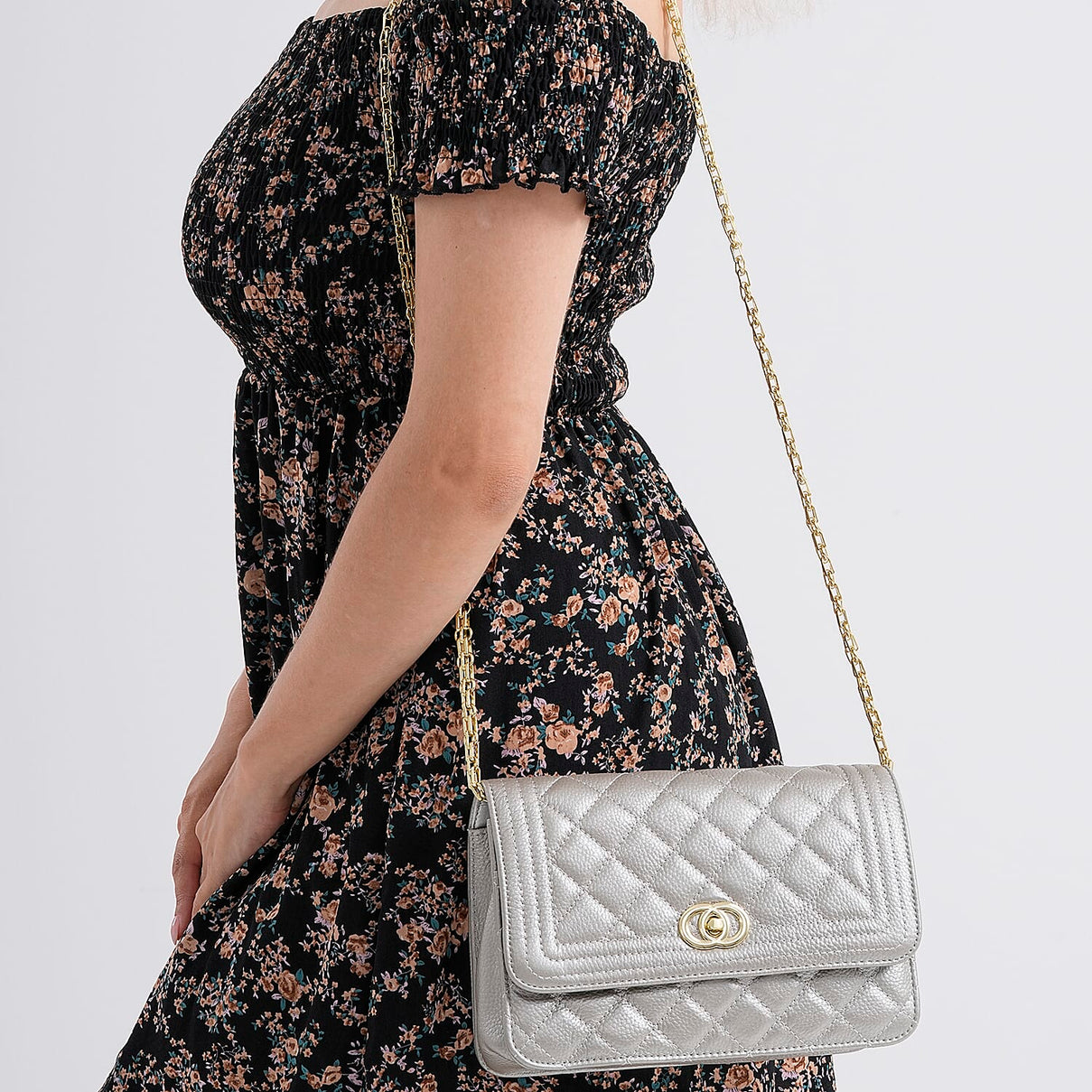 Closeout Deal - Genuine Leather Quilted Diamond Pattern Shoulder Bag with Panther Link Strap - Black 8160818 3
