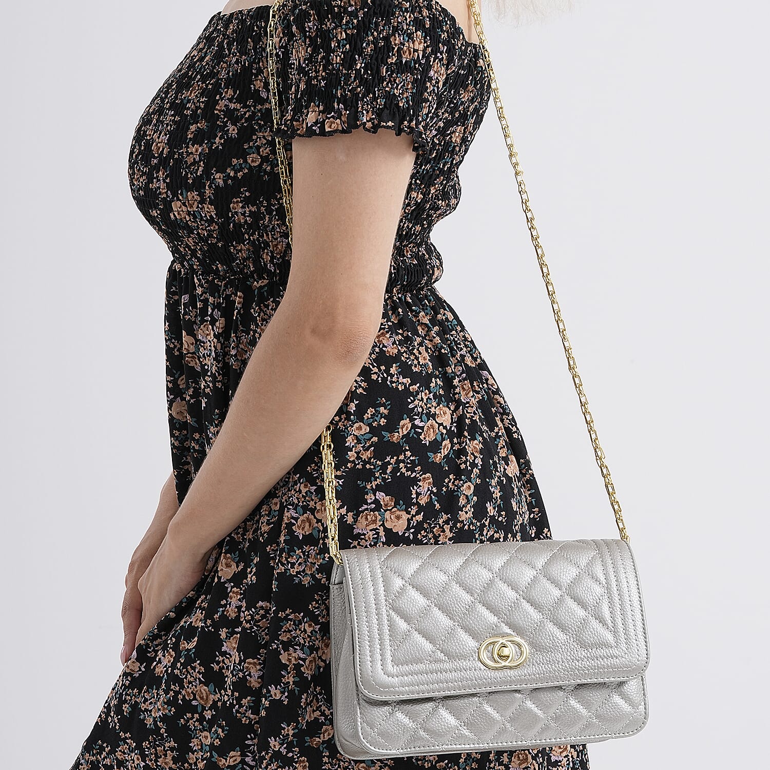 Closeout Deal - Genuine Leather Quilted Diamond Pattern Shoulder Bag with Panther Link Strap - Black 8160818 3