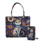 Set of 2 - Cat Print RFID Blocking Tote Bag & Cellphone Purse - Blue