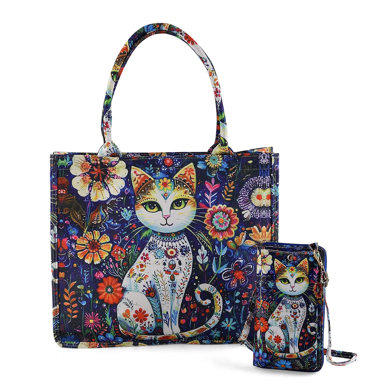 Set of 2 - Cat Print RFID Blocking Tote Bag &amp; Cellphone Purse - Blue 8479698 0