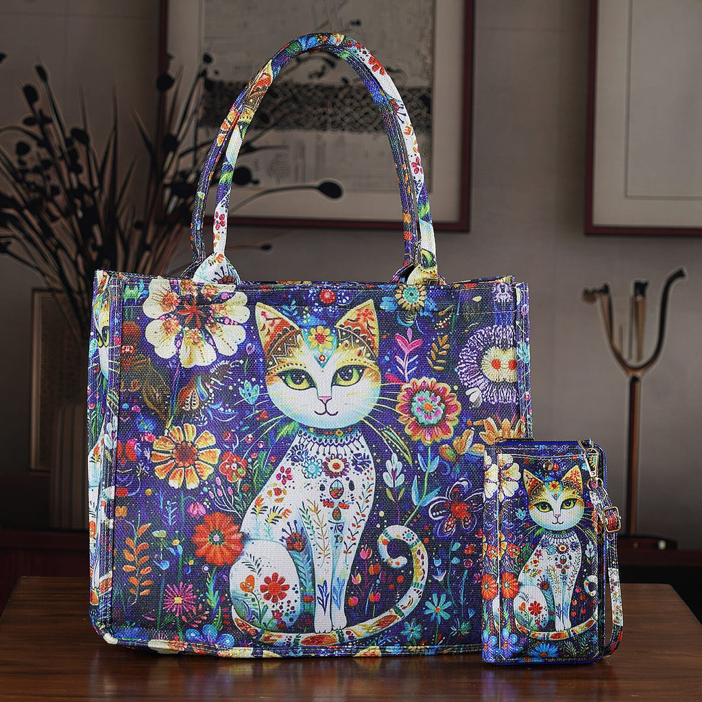 Set of 2 - Cat Print RFID Blocking Tote Bag & Cellphone Purse - Blue