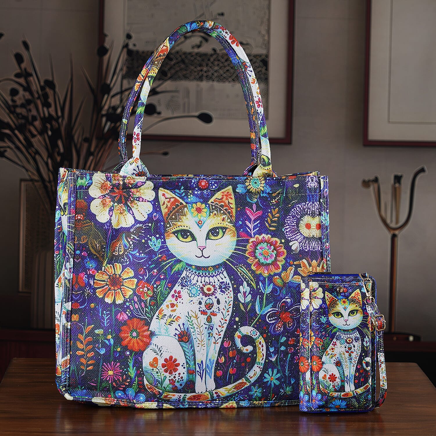 Set of 2 - Cat Print RFID Blocking Tote Bag &amp; Cellphone Purse - Blue 8479698 2