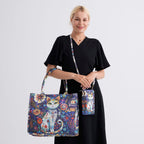 Set of 2 - Cat Print RFID Blocking Tote Bag & Cellphone Purse - Blue