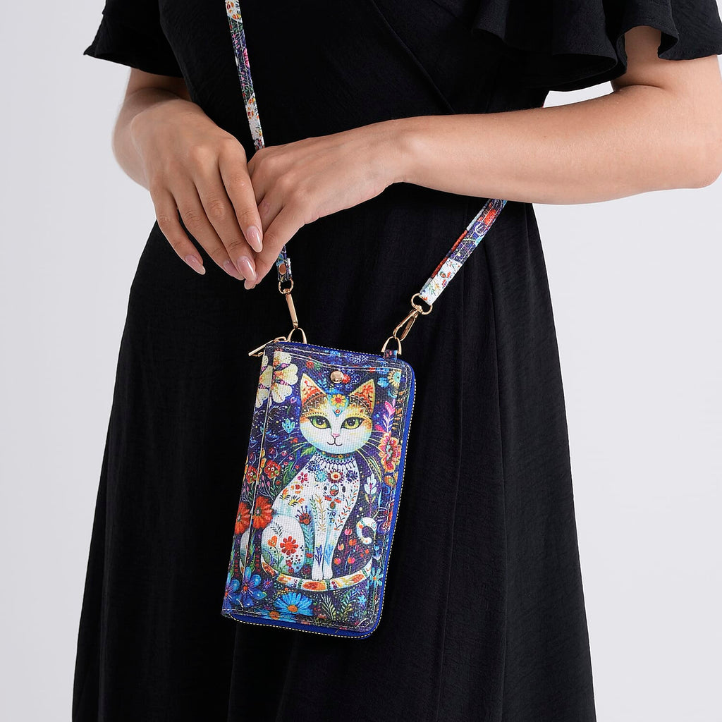 Set of 2 - Cat Print RFID Blocking Tote Bag & Cellphone Purse - Blue