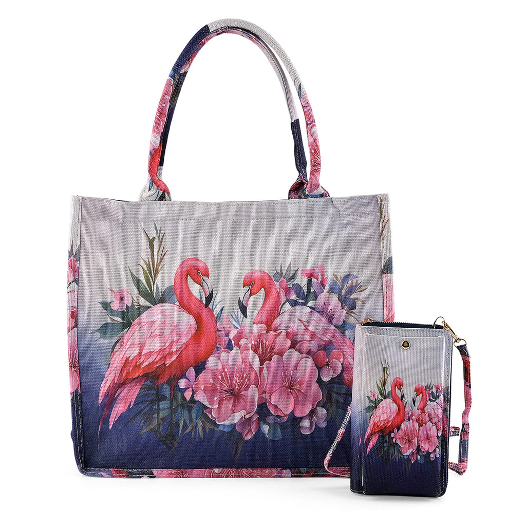 Set of 2 - Swan & Flower Print RFID Blocking Tote Bag & Cellphone Purse - Pink & Multi