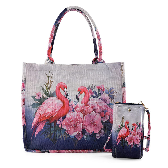 Set of 2 - Swan &amp; Flower Print RFID Blocking Tote Bag &amp; Cellphone Purse - Pink &amp; Multi 8479547 1
