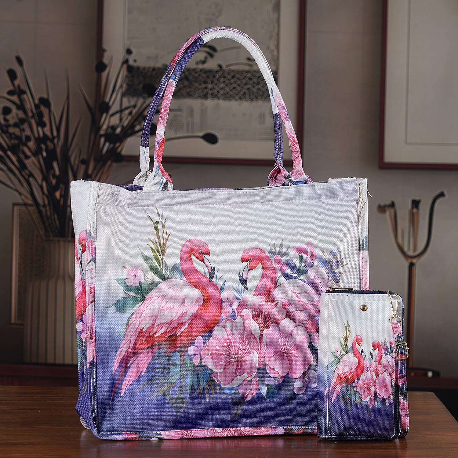 Set of 2 - Swan &amp; Flower Print RFID Blocking Tote Bag &amp; Cellphone Purse - Pink &amp; Multi 8479547 2