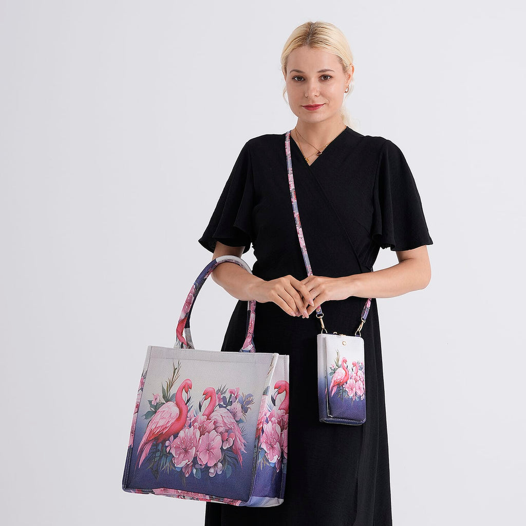 Set of 2 - Swan & Flower Print RFID Blocking Tote Bag & Cellphone Purse - Pink & Multi