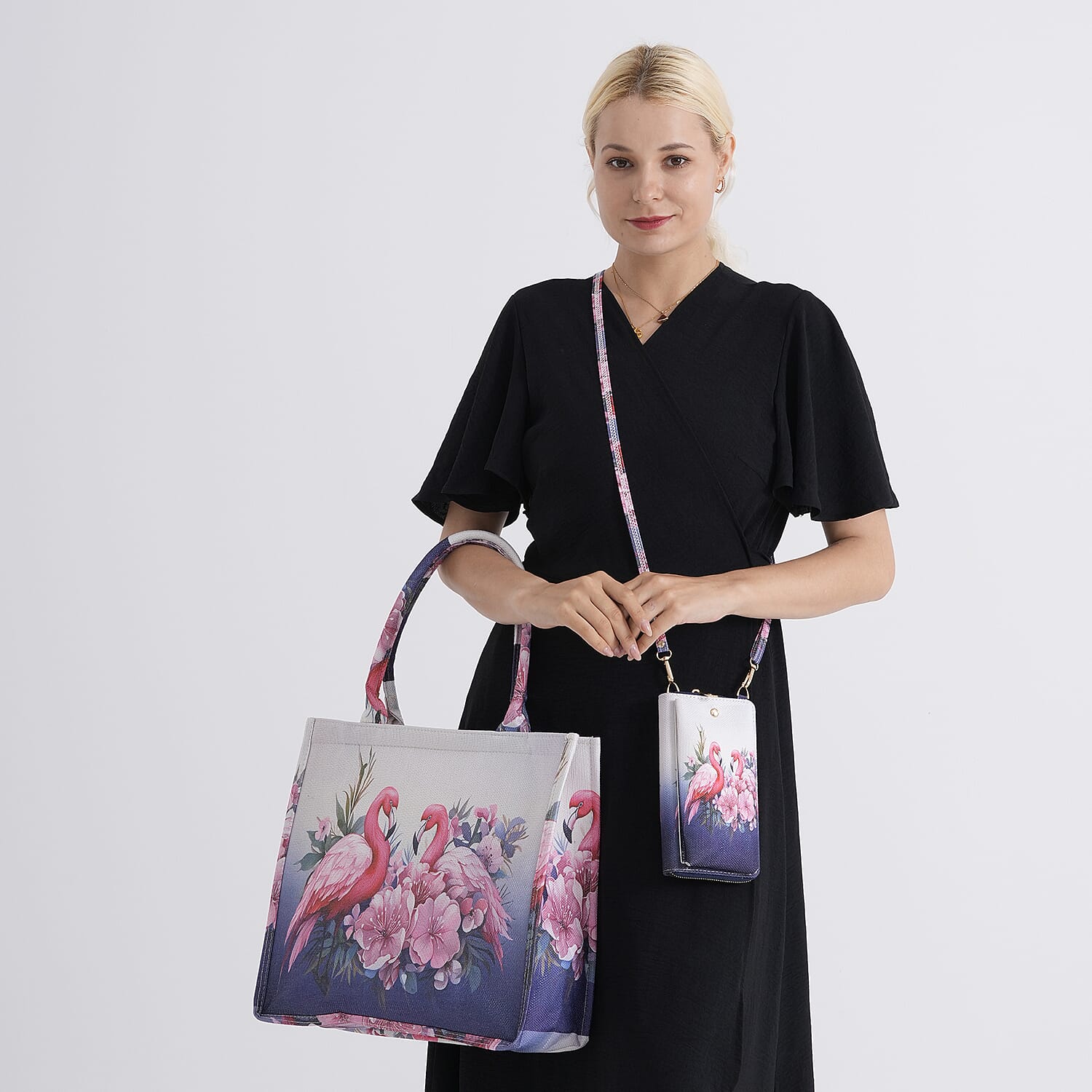 Set of 2 - Swan &amp; Flower Print RFID Blocking Tote Bag &amp; Cellphone Purse - Pink &amp; Multi 8479547 3