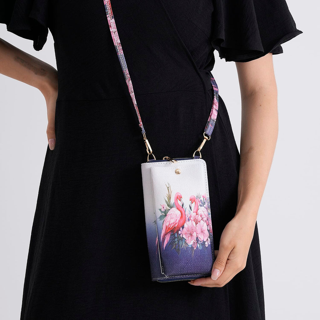 Set of 2 - Swan & Flower Print RFID Blocking Tote Bag & Cellphone Purse - Pink & Multi
