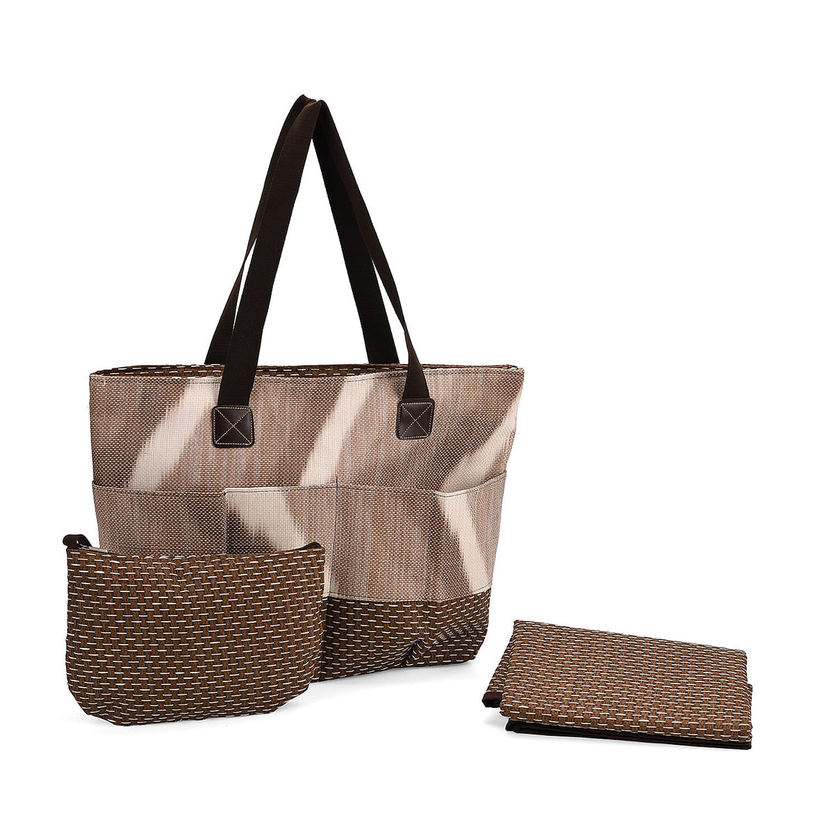 Set of 3 - Woven Geometric Pattern Tote Bag, Pouch and Picnic Mat - Khaki 8049264 0