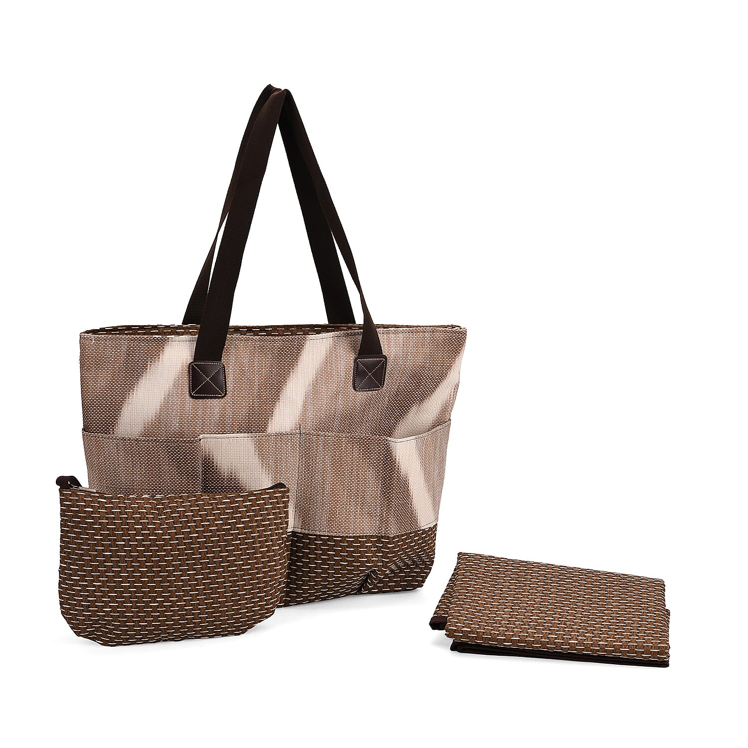 Set of 3 - Woven Geometric Pattern Tote Bag, Pouch and Picnic Mat - Khaki 8049264 0