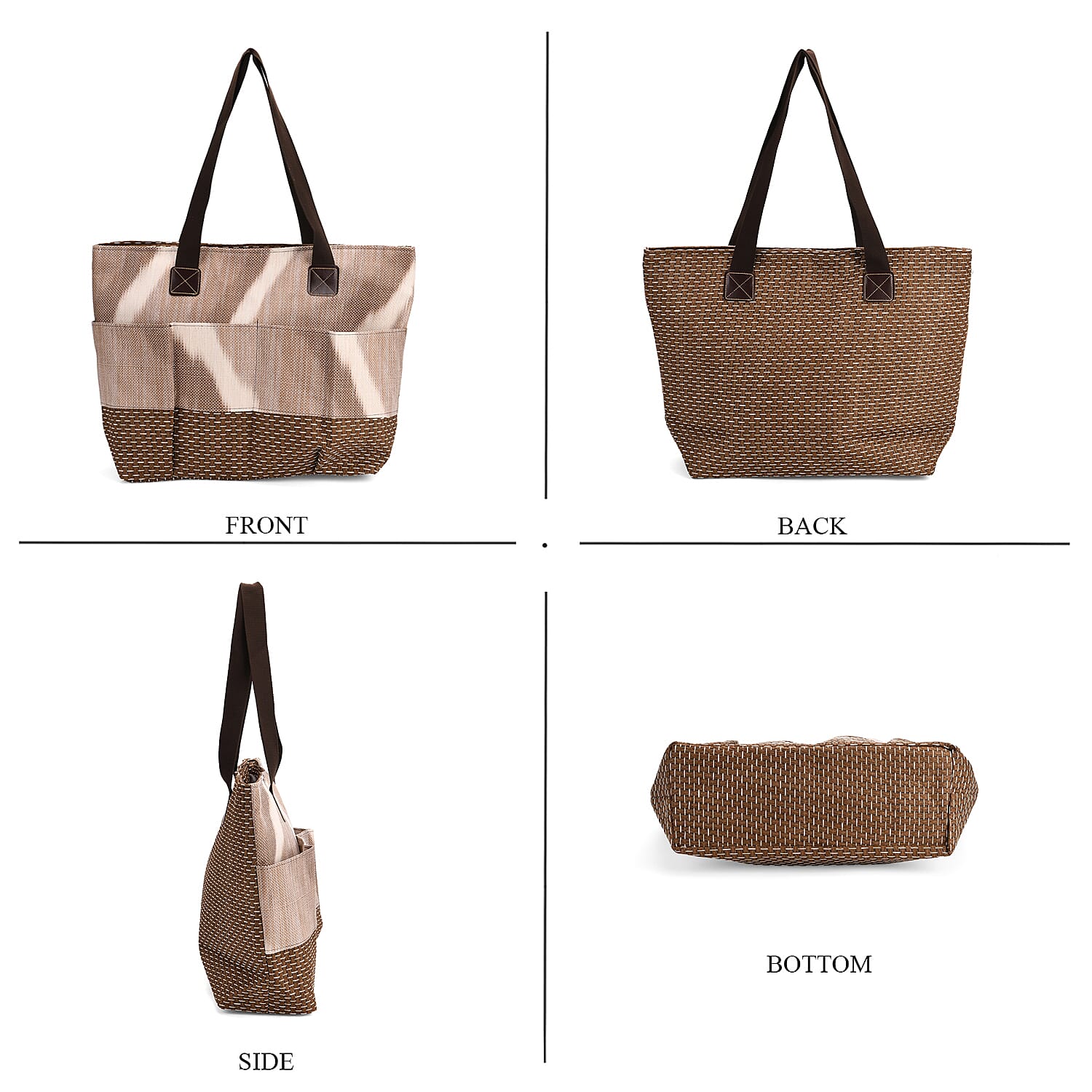 Set of 3 - Woven Geometric Pattern Tote Bag, Pouch and Picnic Mat - Khaki 8049264 3