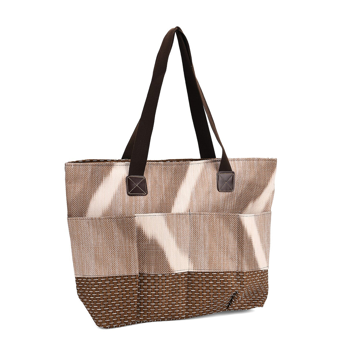 Set of 3 - Woven Geometric Pattern Tote Bag, Pouch and Picnic Mat - Khaki 8049264 5