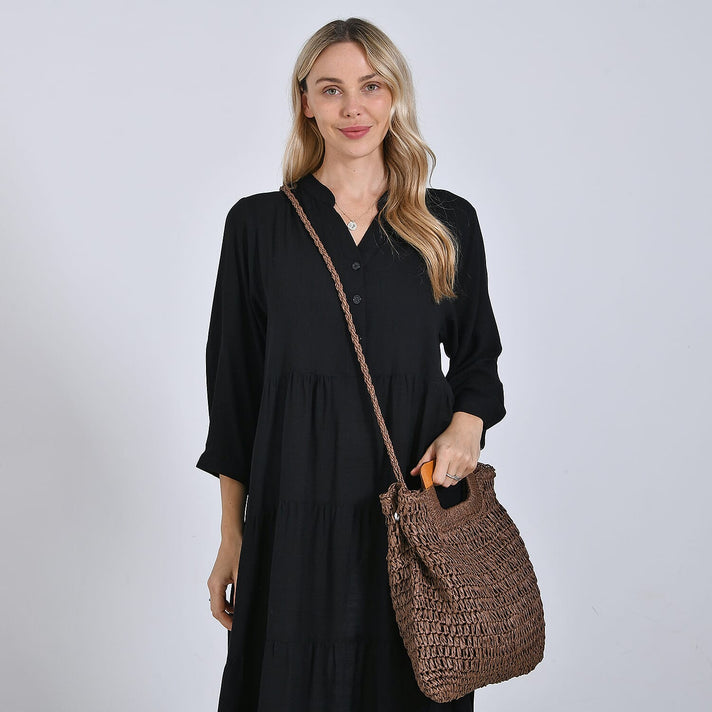 Bohemian Straw-Style Tote Bag with Top Handles - Navy 8044519 2