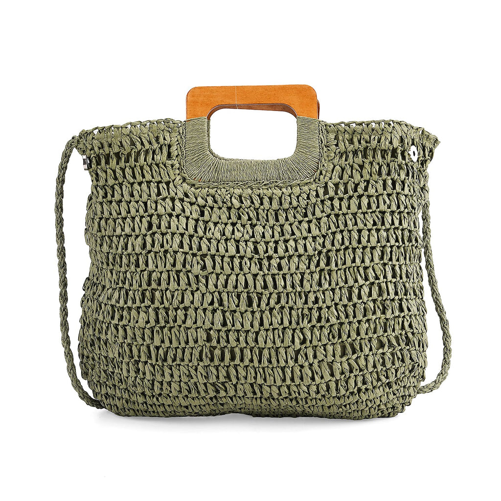 Bohemian Straw-Style Tote Bag with Top Handles - Green