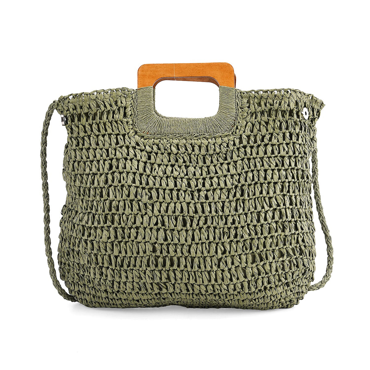 Bohemian Straw-Style Tote Bag with Top Handles - Green V32707151 0