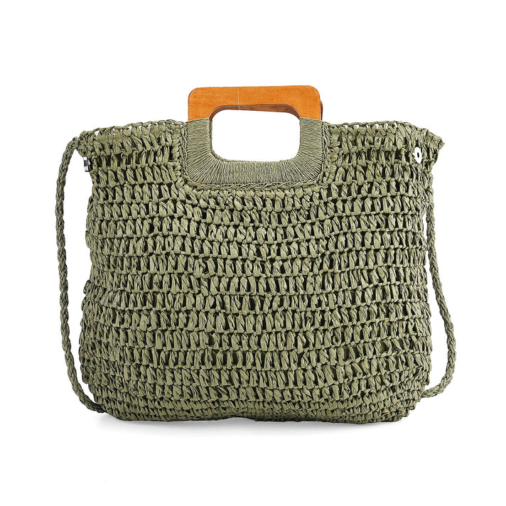 Bohemian Straw-Style Tote Bag with Top Handles - Green 8044520 1