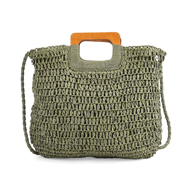 Bohemian Straw-Style Tote Bag with Top Handles - Green