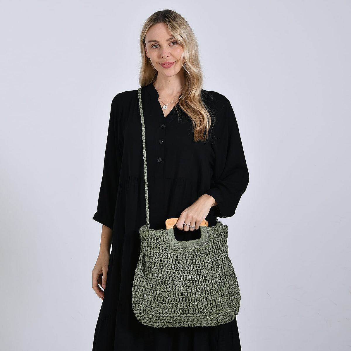 Bohemian Straw-Style Tote Bag with Top Handles - Green V32707151 2