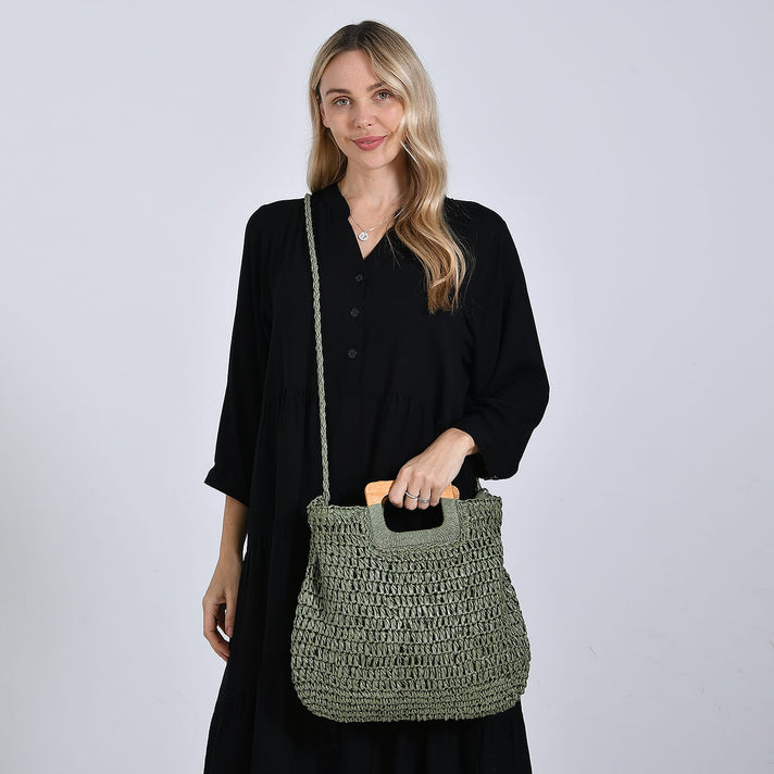 Bohemian Straw-Style Tote Bag with Top Handles - Green 8044520 2