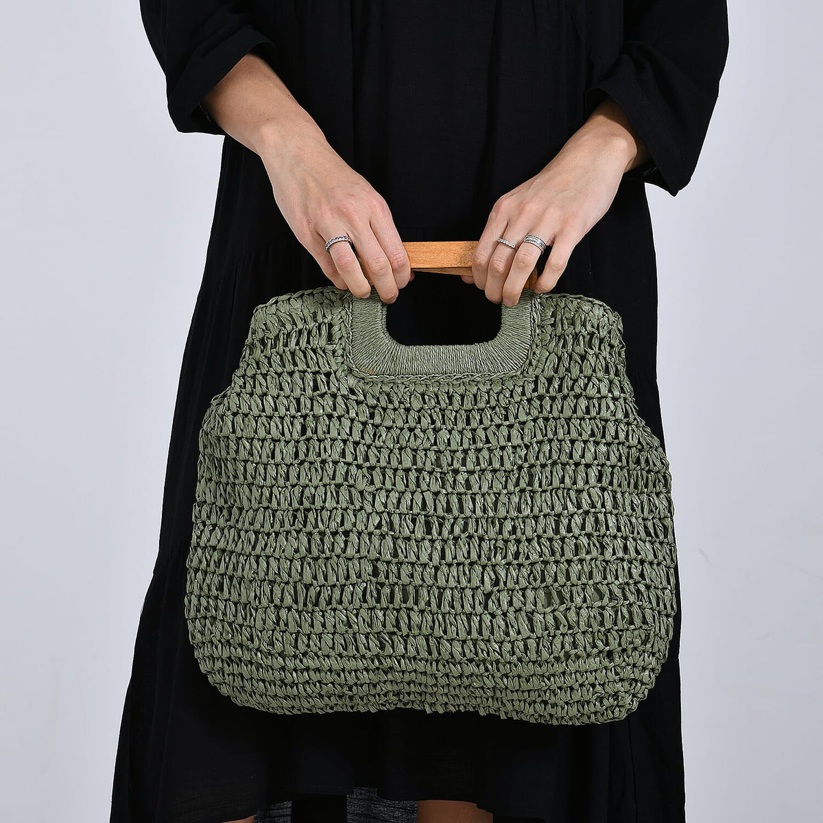 Bohemian Straw-Style Tote Bag with Top Handles - Green V32707151 3