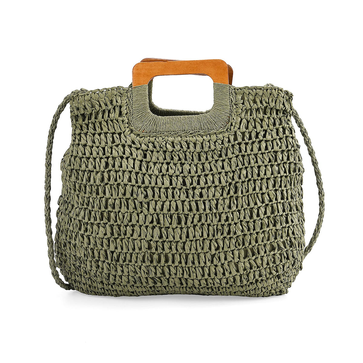 Bohemian Straw-Style Tote Bag with Top Handles - Green V32707151 4