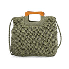 Bohemian Straw-Style Tote Bag with Top Handles - Green