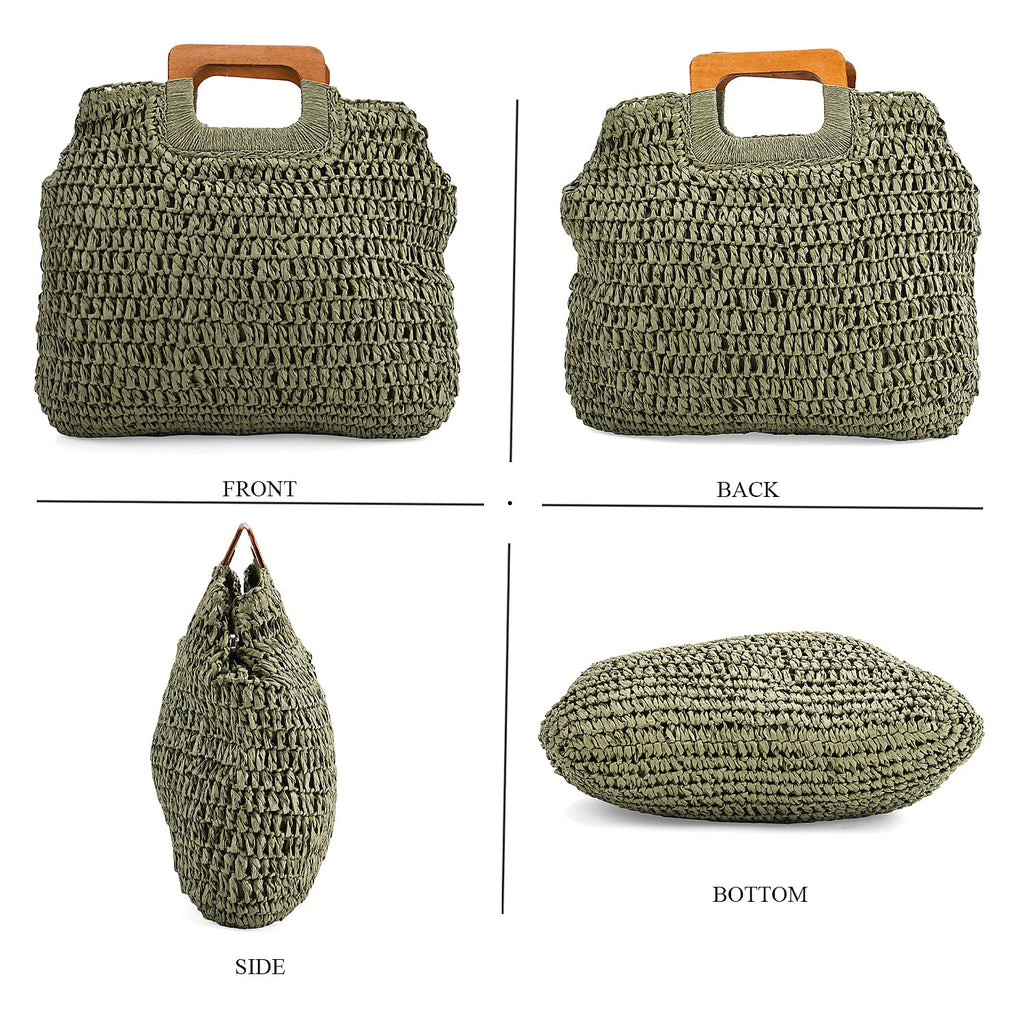 Bohemian Straw-Style Tote Bag with Top Handles - Green
