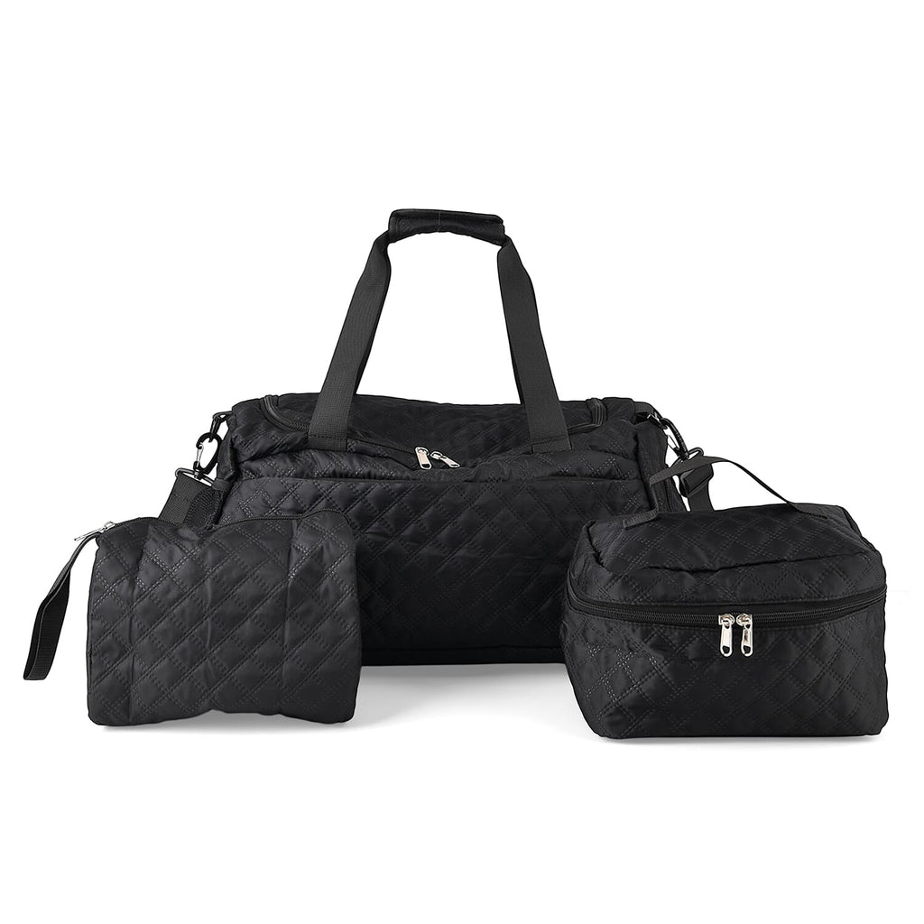 Designer Inspired-  3 Pcs Quilted Travel Bag Set - Black