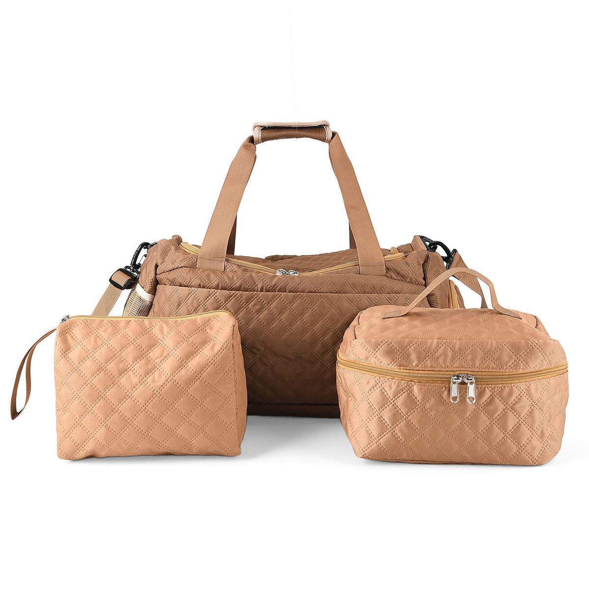Designer Inspired-  3 Pcs Quilted Travel Bag Set - Brown V32514197 0