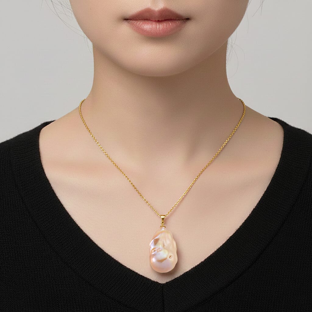 Peach Baroque Pearl Pendant with Chain (Size 20) in Yellow Gold Sterling Silver 4441183 3