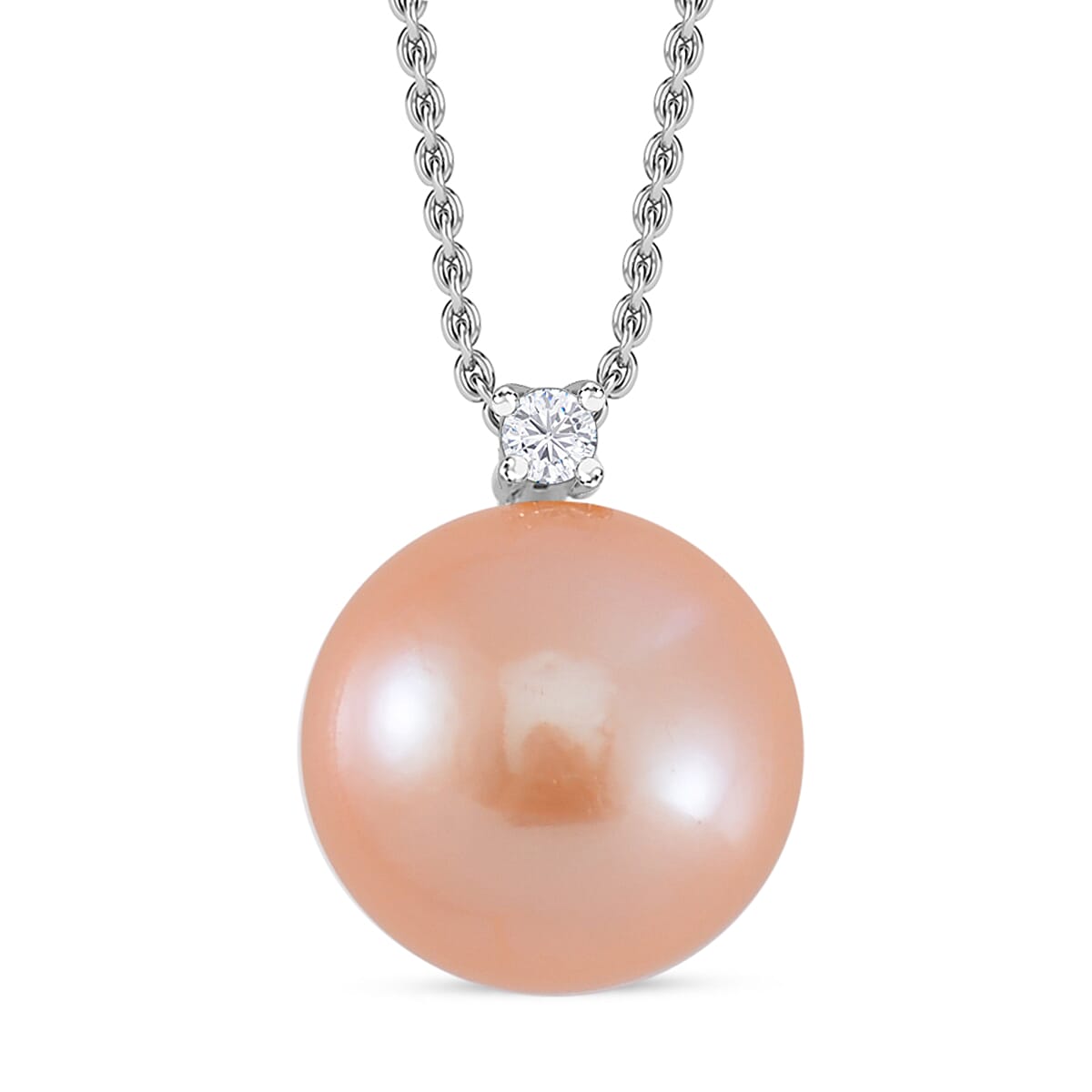Peach Edison Pearl &amp; Moissanite Pendant with Chain (Size 18) in Platinum Overlay and Rhodium Overlay Sterling Silver 13.31 Ct. 4279658 0
