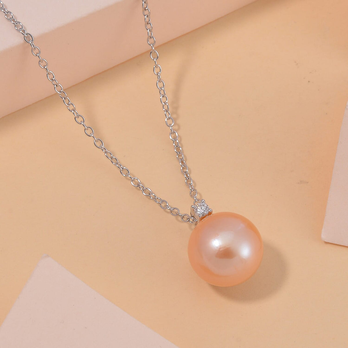 Peach Edison Pearl &amp; Moissanite Pendant with Chain (Size 18) in Platinum Overlay and Rhodium Overlay Sterling Silver 13.31 Ct. 4279658 1