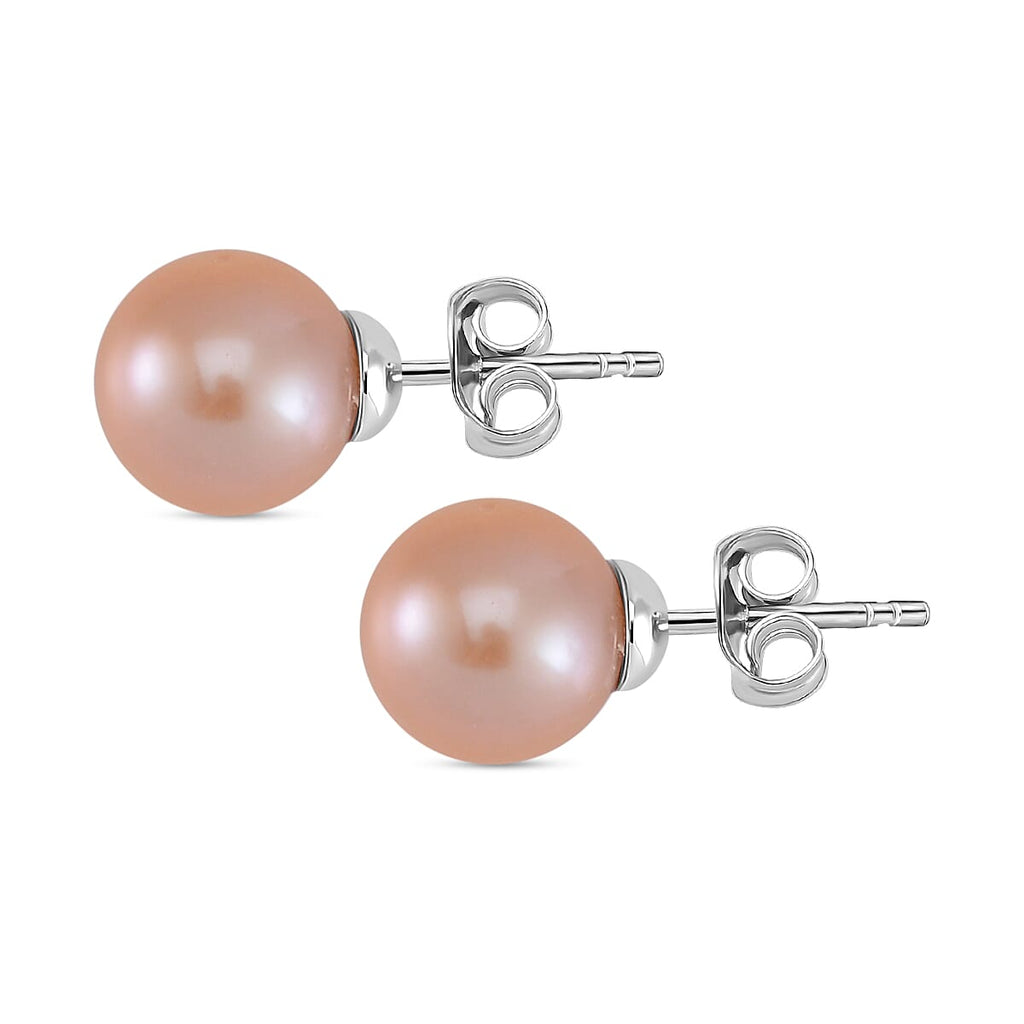Peach Edison Solitaire Stud Earrings in Rhodium Overlay Sterling Silver