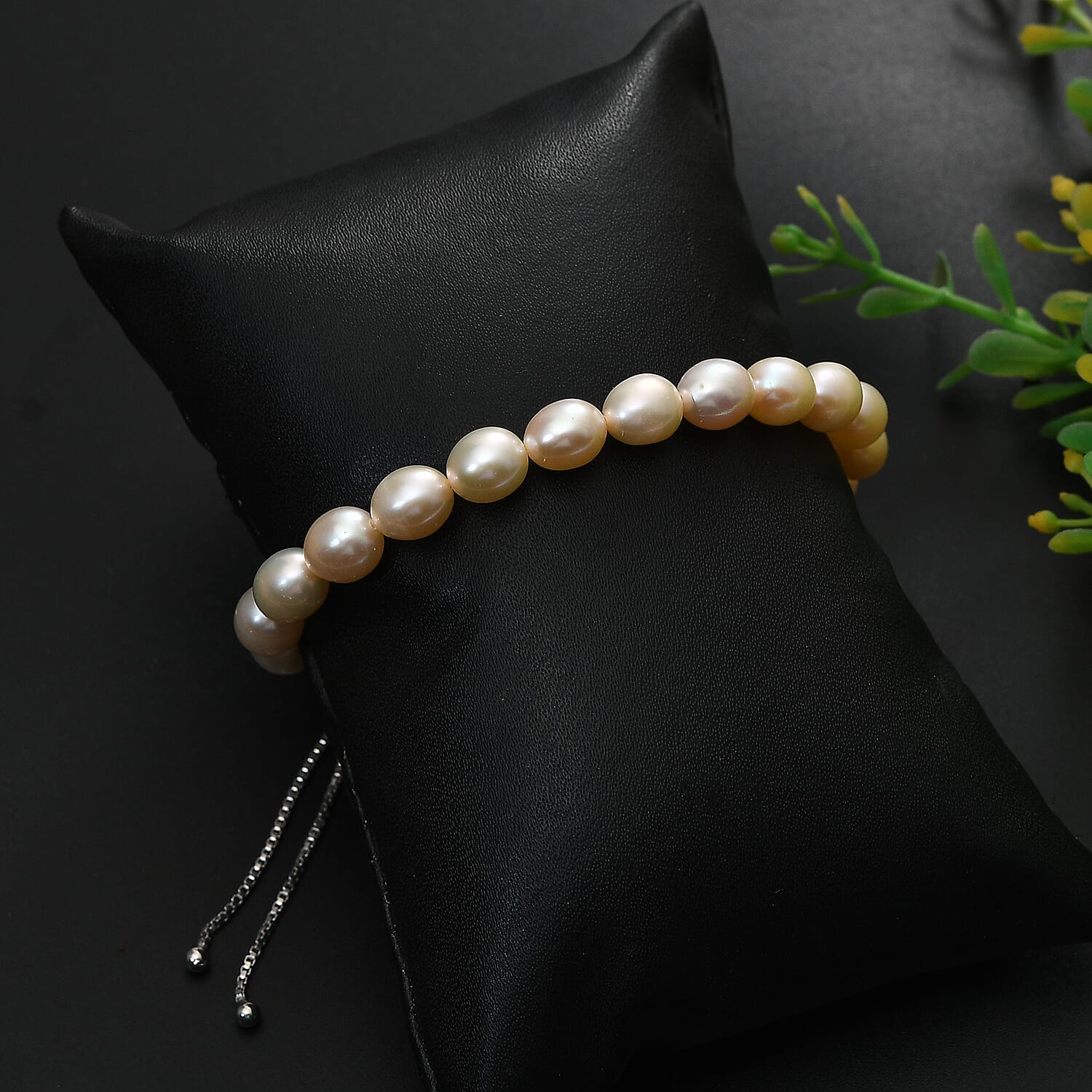 Peach Fresh Water Pearl Adjustable Bracelet (Size - 6.5 to 9.5) in Rhodium Overlay Sterling Silver 50.00 Ct. 8129644 2