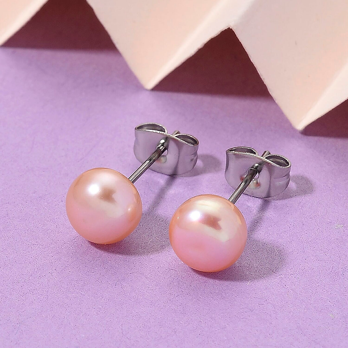 Peach Freshwater Pearl (7-8mm) Stud Earrings with Push Backs V32713522 1