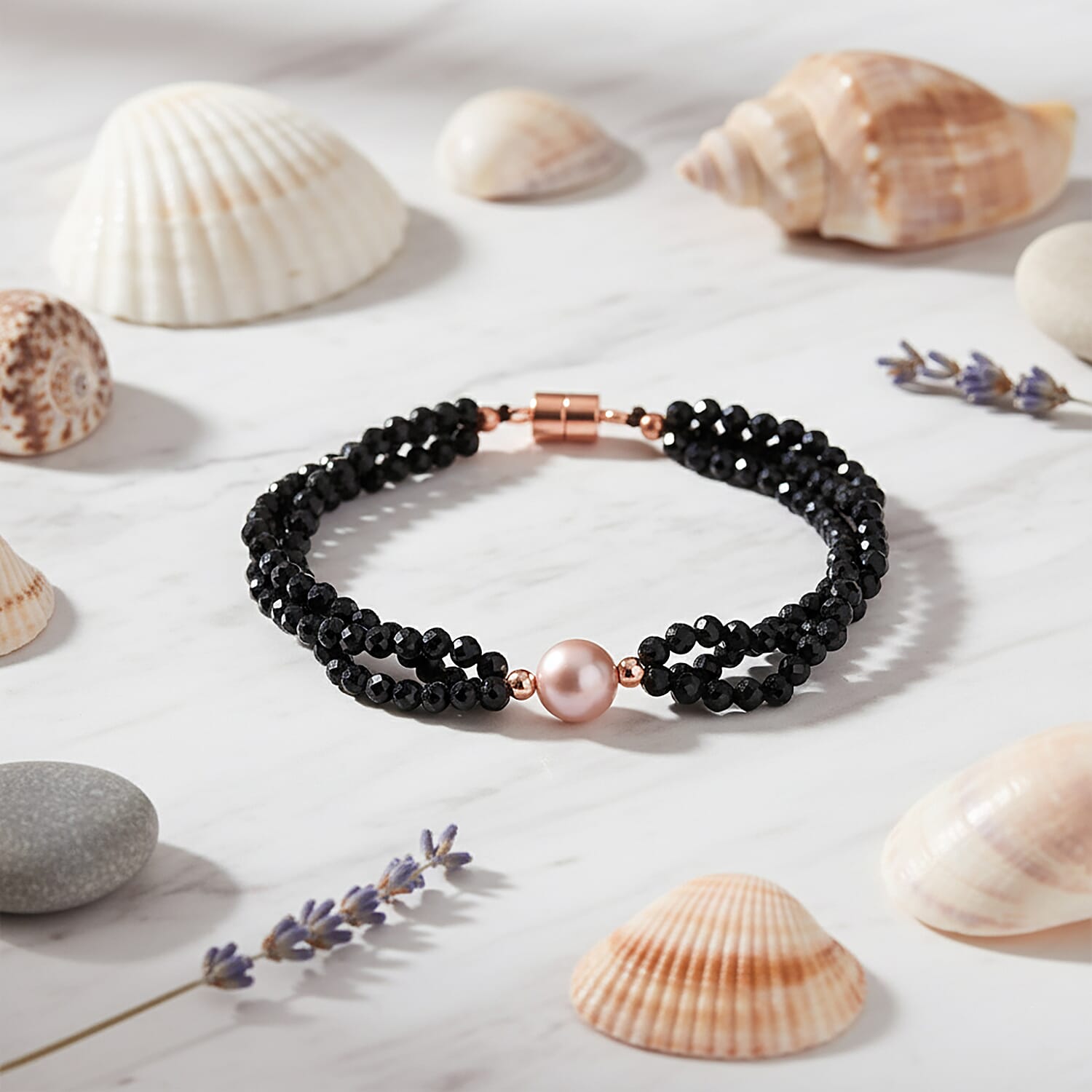 Peach Fresh Water Pearl &amp; Black Spinel Bracelet (Size 8 with Magnetic Clasp) in Rose Gold Plated 45.00 Ct. 8243827 2