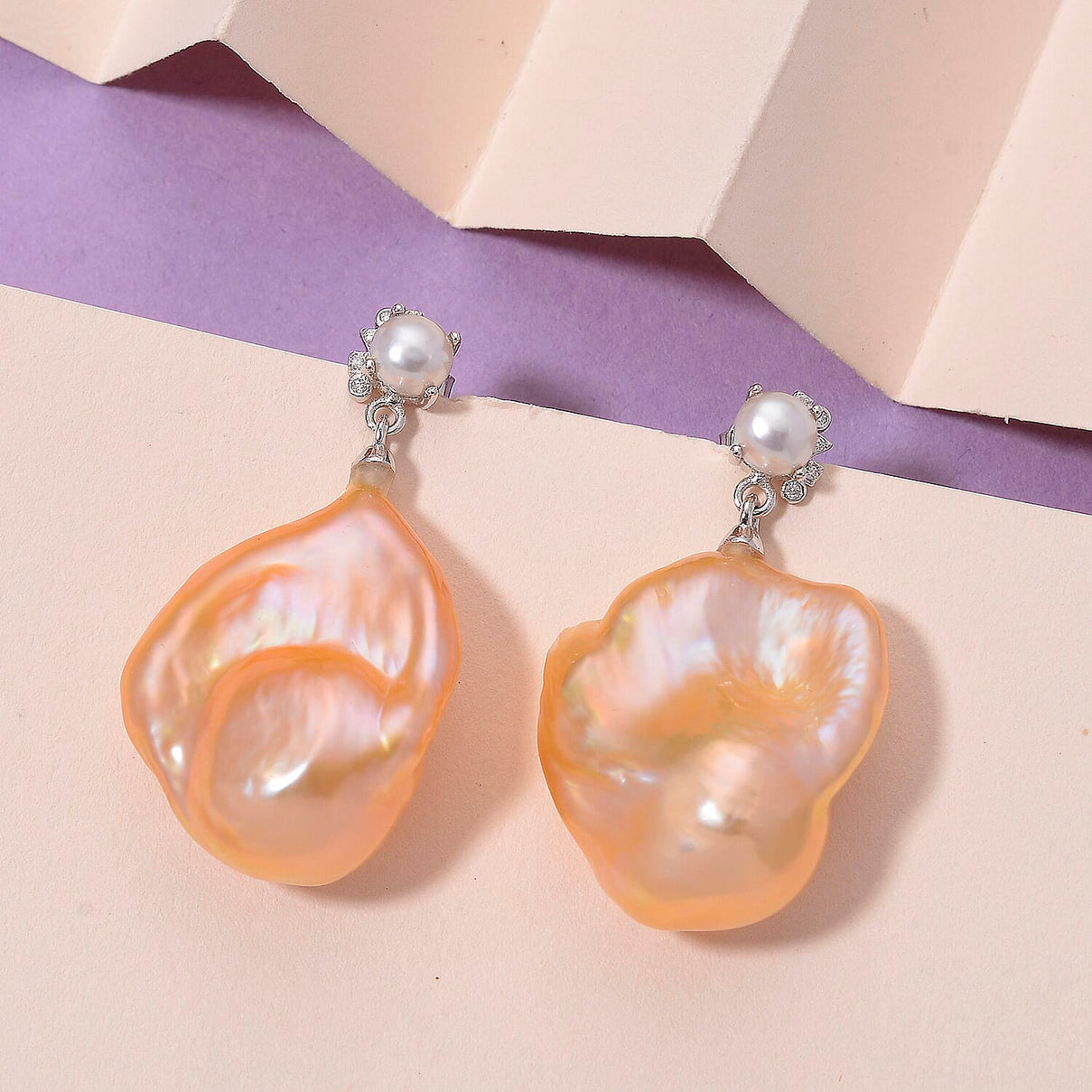 Peach Baroque Pearl, Moissanite and Fresh Water Pearl Drop Earring with Push Back in Rhodium Overlay Sterling Silver 62.61 Ct. 8216981 2