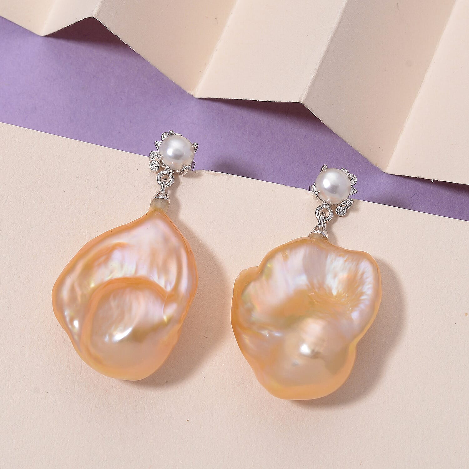 Peach Baroque Pearl, Moissanite and Fresh Water Pearl Drop Earring with Push Back in Rhodium Overlay Sterling Silver 62.61 Ct. 8216981 2