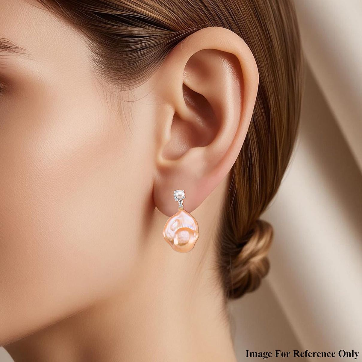 Peach Baroque Pearl, Moissanite and Fresh Water Pearl Drop Earring with Push Back in Rhodium Overlay Sterling Silver 62.61 Ct. 8216981 3