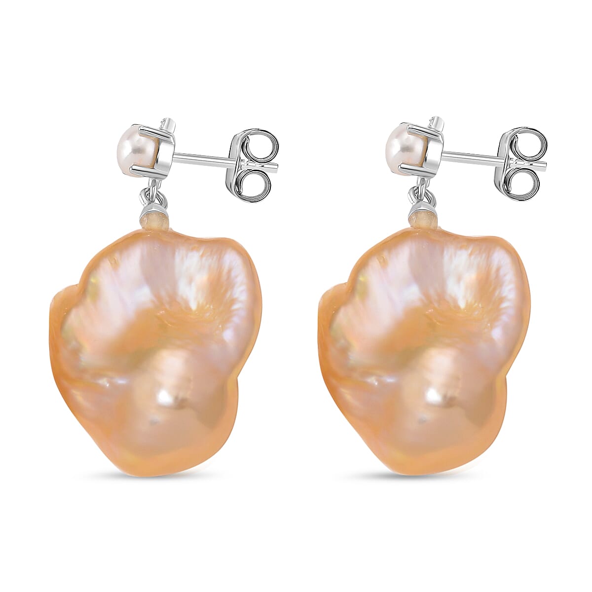 Peach Baroque Pearl, Moissanite and Fresh Water Pearl Drop Earring with Push Back in Rhodium Overlay Sterling Silver 62.61 Ct. 8216981 4