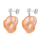 Peach Baroque Pearl, Moissanite & Fresh Water Pearl Earring with Push Back in Rhodium Overlay Sterling Silver 62.61 Ct.