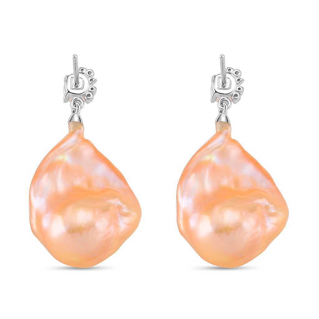 Peach Baroque Pearl, Moissanite & Fresh Water Pearl Earring with Push Back in Rhodium Overlay Sterling Silver 62.61 Ct.