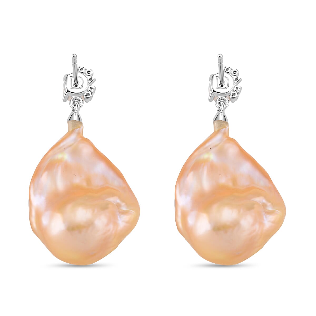 Peach Baroque Pearl, Moissanite and Fresh Water Pearl Drop Earring with Push Back in Rhodium Overlay Sterling Silver 62.61 Ct. 8216981 5