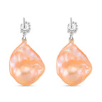 Peach Baroque Pearl, Moissanite & Fresh Water Pearl Earring with Push Back in Rhodium Overlay Sterling Silver 62.61 Ct.