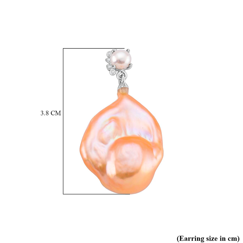 Peach Baroque Pearl, Moissanite & Fresh Water Pearl Earring with Push Back in Rhodium Overlay Sterling Silver 62.61 Ct.